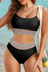 Rose Striped Patchwork Spaghetti Strap High Waist Bikini Set - Femstylo