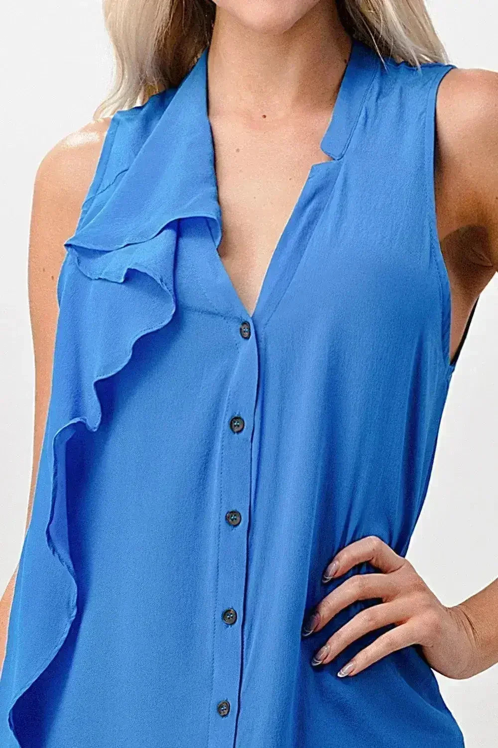 Sleeveless Button-Up Ruffle Blouse - Femstylo