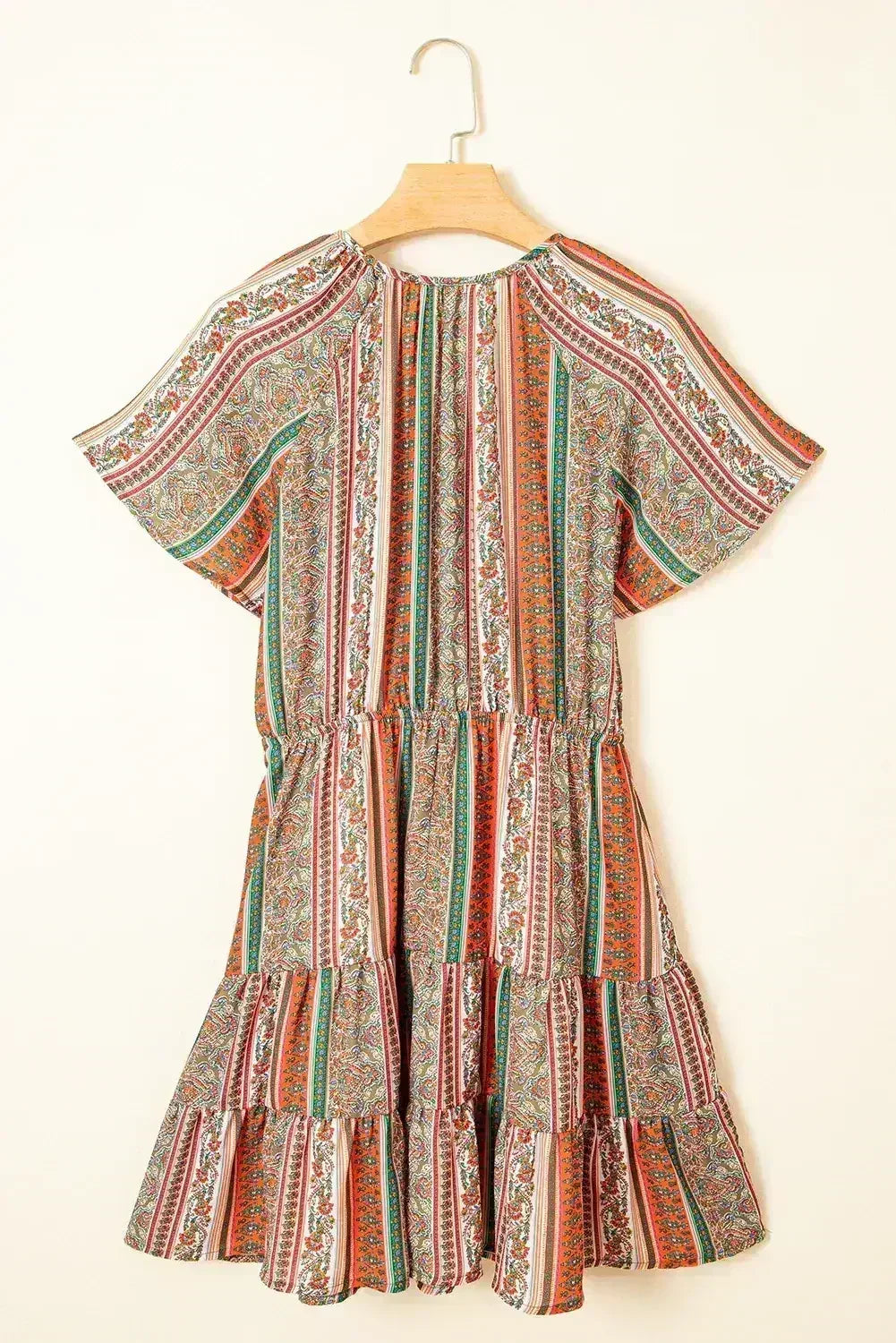 Red Bohemian Floral Print Buttoned V Neck Ruffle Tiered Dress - Femstylo