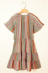 Red Bohemian Floral Print Buttoned V Neck Ruffle Tiered Dress - Femstylo