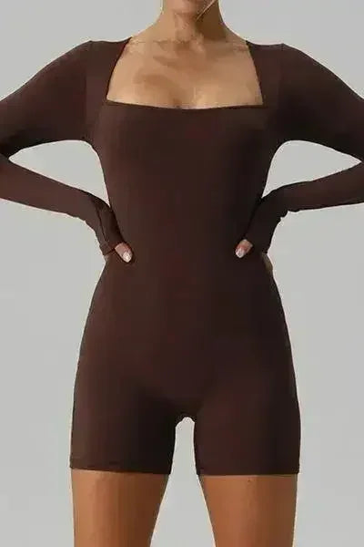 Square Neck Long Sleeve Active Romper - Femstylo