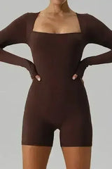 Square Neck Long Sleeve Active Romper - Femstylo