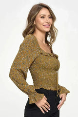 Smocked Floral Long Sleeve Top with Ruffle Neckline - Femstylo