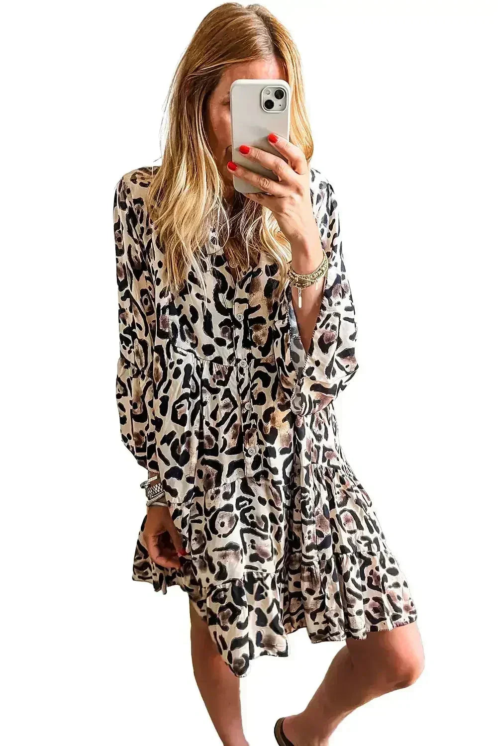 Black Leopard Button V Neck Flowy Mini Dress - Femstylo