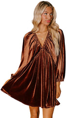 Clay Elastic V Neck Puff Sleeve Flowy Velvet Dress