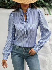 Striped Tie Neck Long Sleeve Blouse – Femstylo - Femstylo