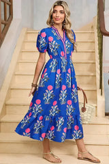 Blue Floral Ruffle Hem Pop of Color Neckline Dress - Femstylo