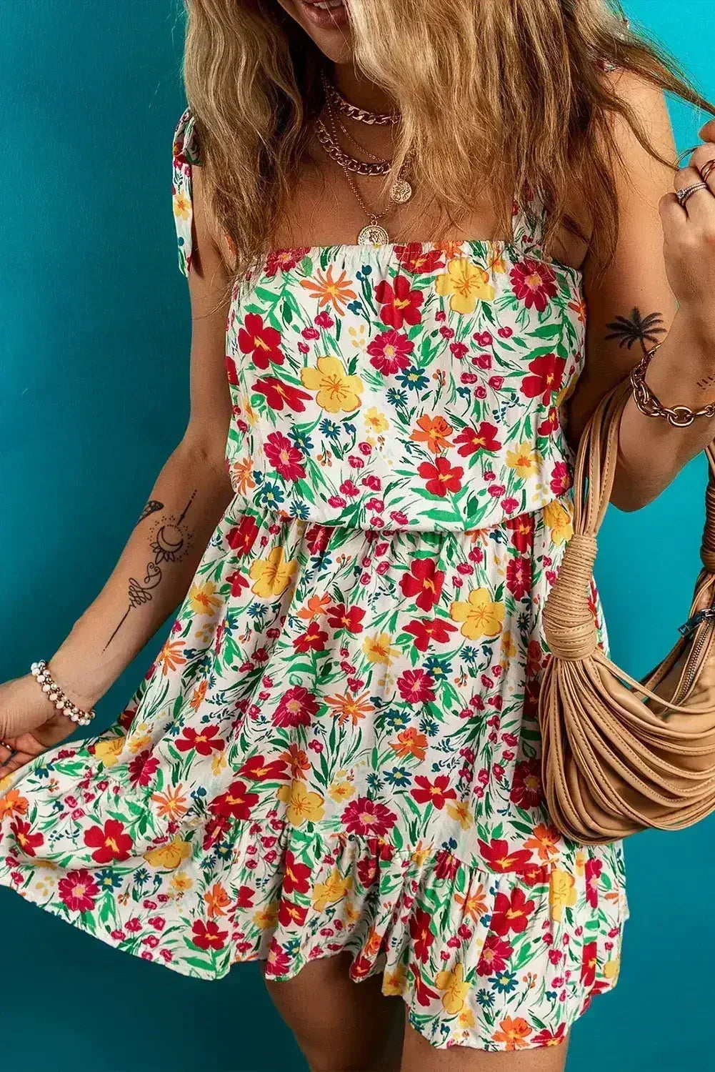 Red Floral Print Knotted Strap Cinched Waist Ruffle Hem Mini Dress - Femstylo