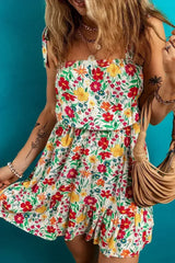 Red Floral Print Knotted Strap Cinched Waist Ruffle Hem Mini Dress - Femstylo