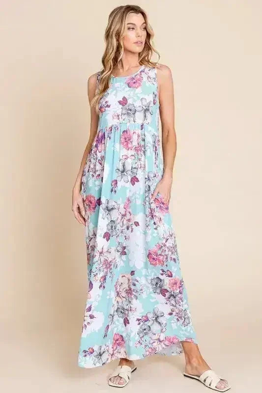 BOMBOM Floral Round Neck Sleeveless Maxi Dress with Pockets - Femstylo