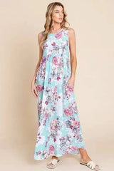 BOMBOM Floral Round Neck Sleeveless Maxi Dress with Pockets - Femstylo