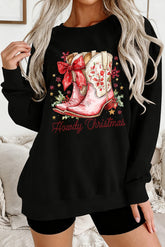 Black Howdy Christmas Boots Heat Transfer Printing Baggy Sweatshirt
