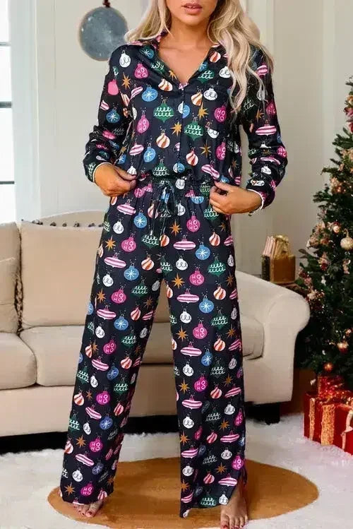 Navy Blue Colorful Christmas Lights Print Shirt and Pants Pajama Set - Femstylo