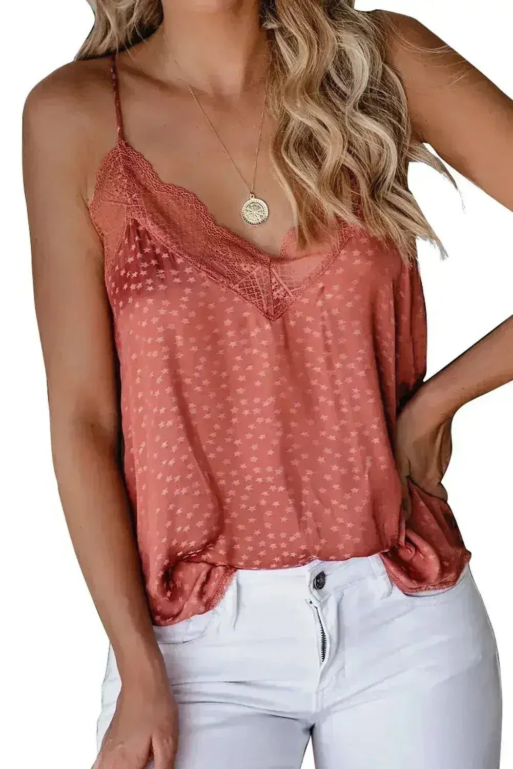 Spaghetti Strap Printed Lace Tank Top - Femstylo
