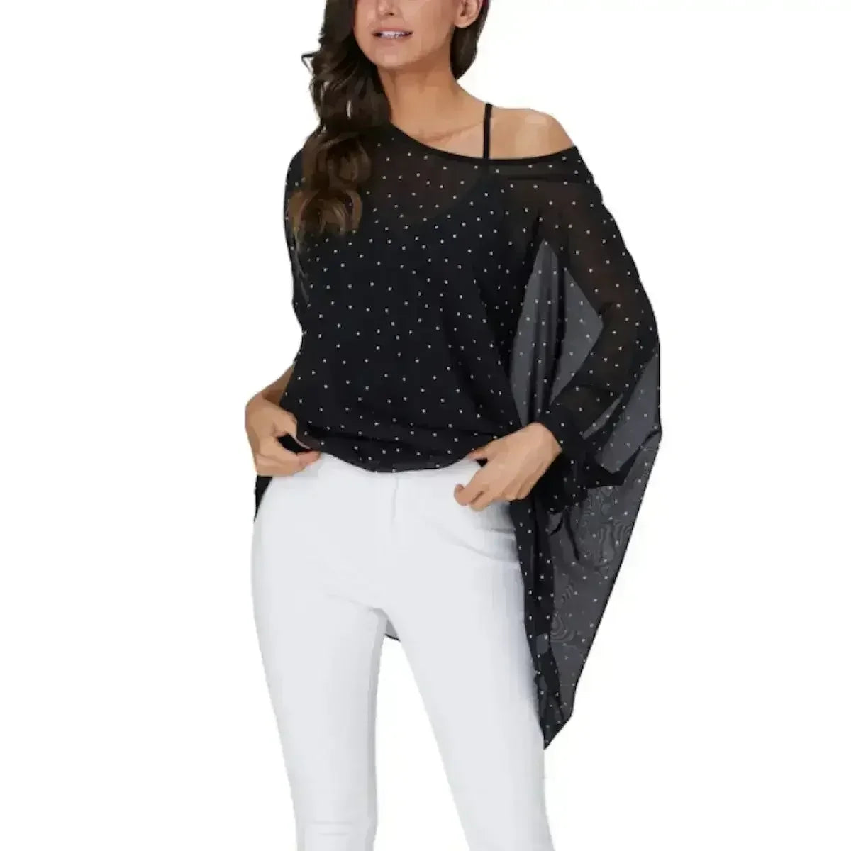 Black Polkadot Chiffon Tunic Top - Batwing Sleeves | Femstylo - Femstylo