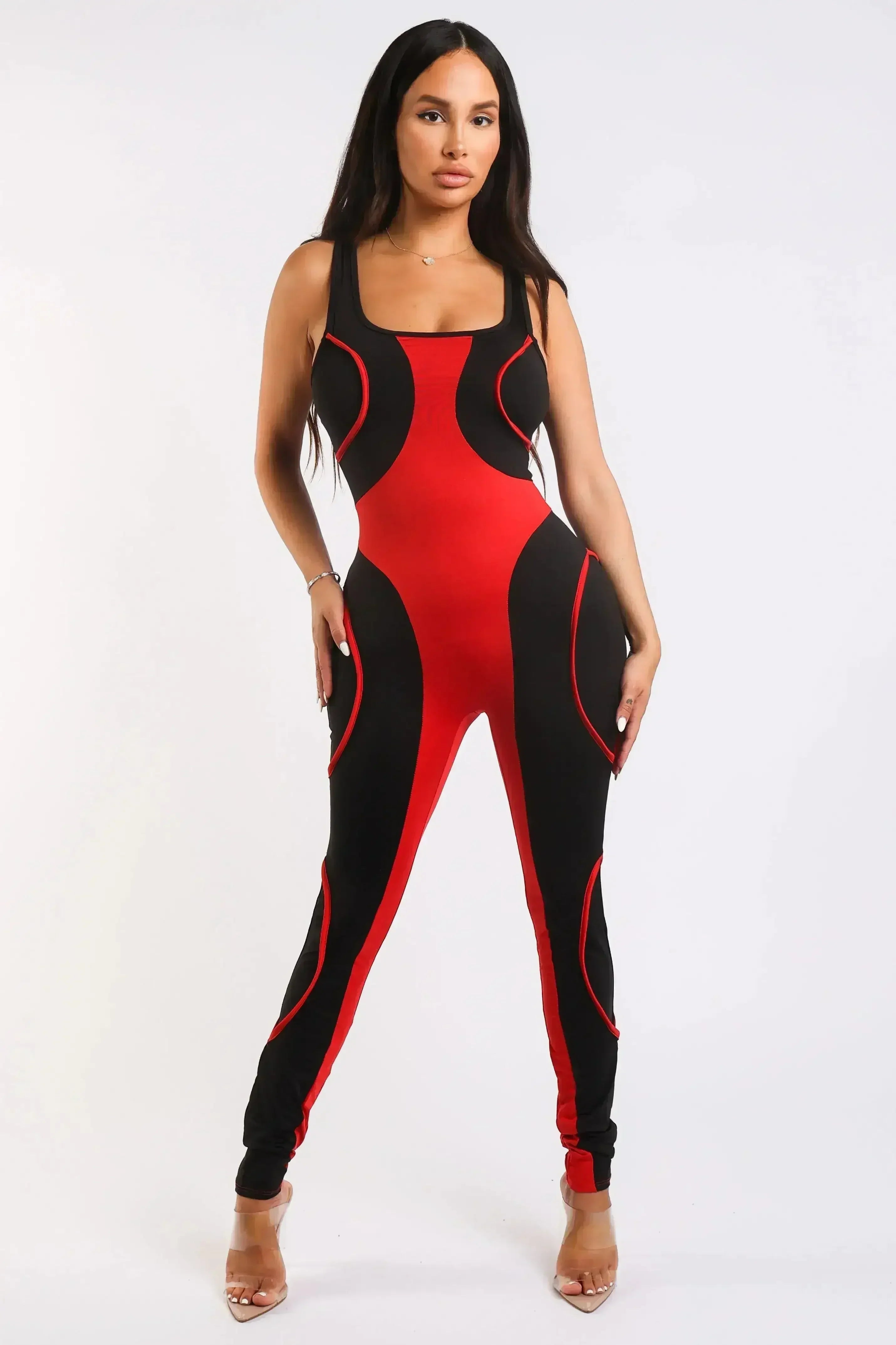 Colorblock Jumpsuit With Binding Detail Square Neck Sleeveless - Femstylo