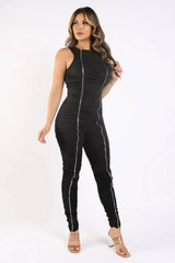 Track Zipper Ruched Jumpsuit Ruffle Dress Bodycon Jumpsuit BLACK - Femstylo