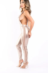 Sexy Shiny Latex Lace Up Detailed Jumpsuit Backless Open Side - Femstylo