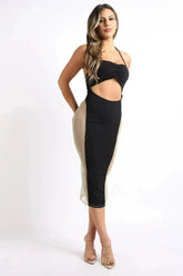 Sexy Cut Out Rhinestone Fishnet Contrast Clubwear Party Dress BLACK - Femstylo