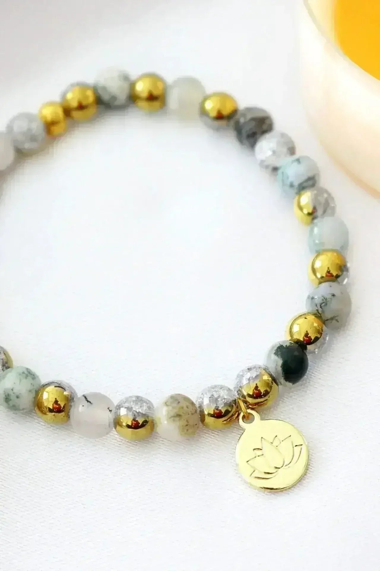 Mossy Agate Elastic Bracelet | 24K Lotus Flower Charm - Femstylo