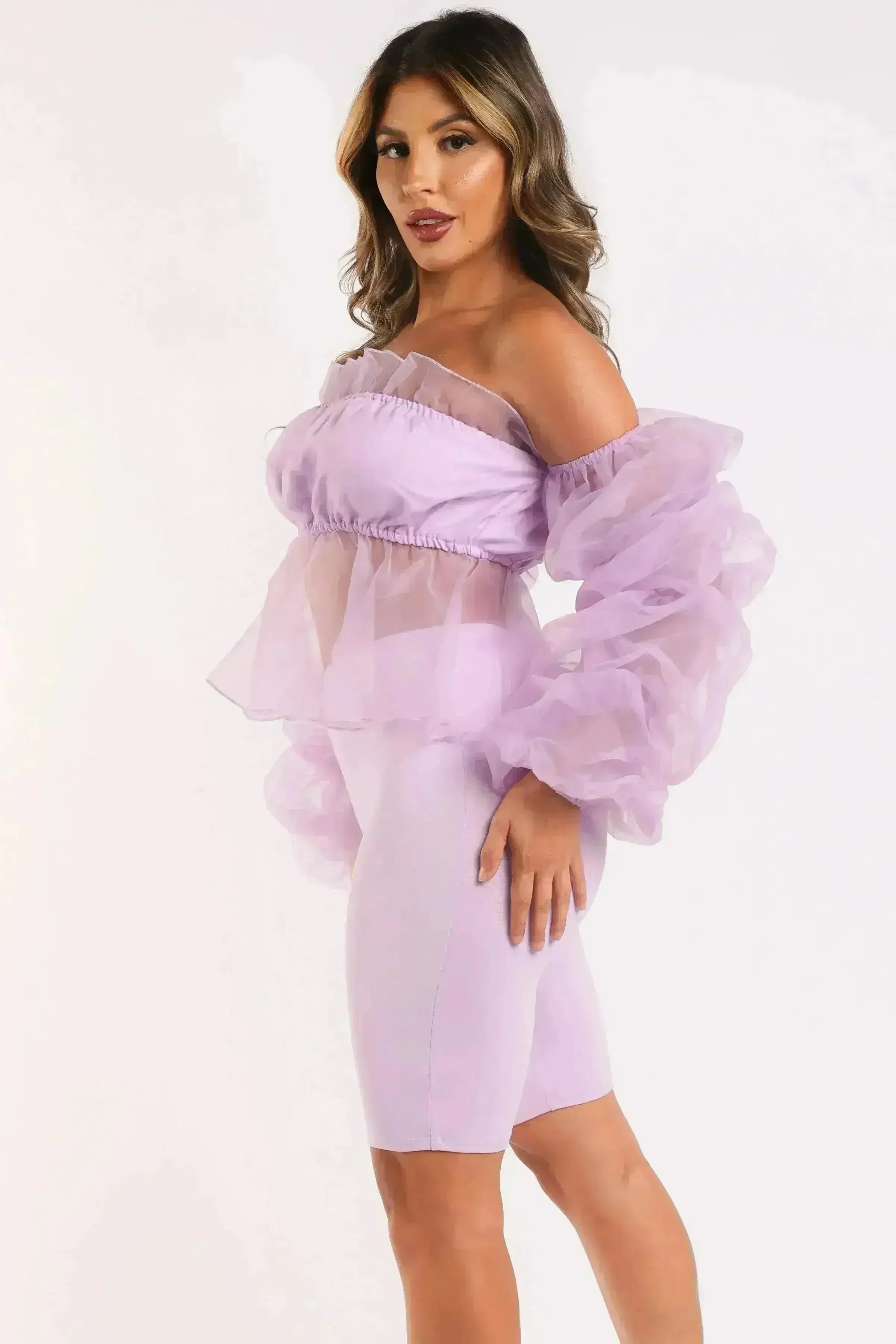 Sexy Organza Sleeve Detailed Top & Matching Shorts 2 Piece Set lavndr - Femstylo