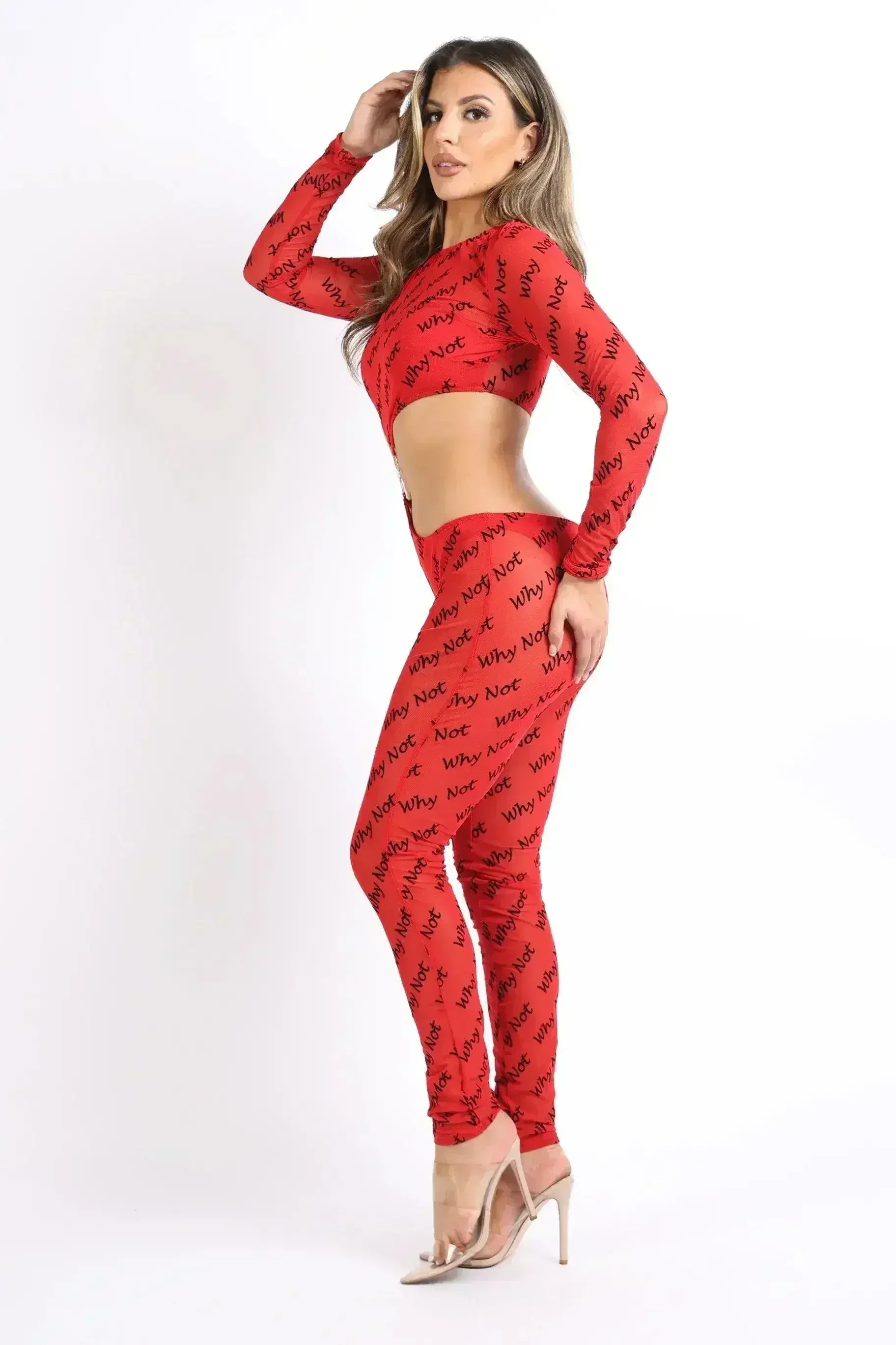 Lettering Printed Cutout Double O-Ring Mesh Sexy Jumpsuit RED - Femstylo