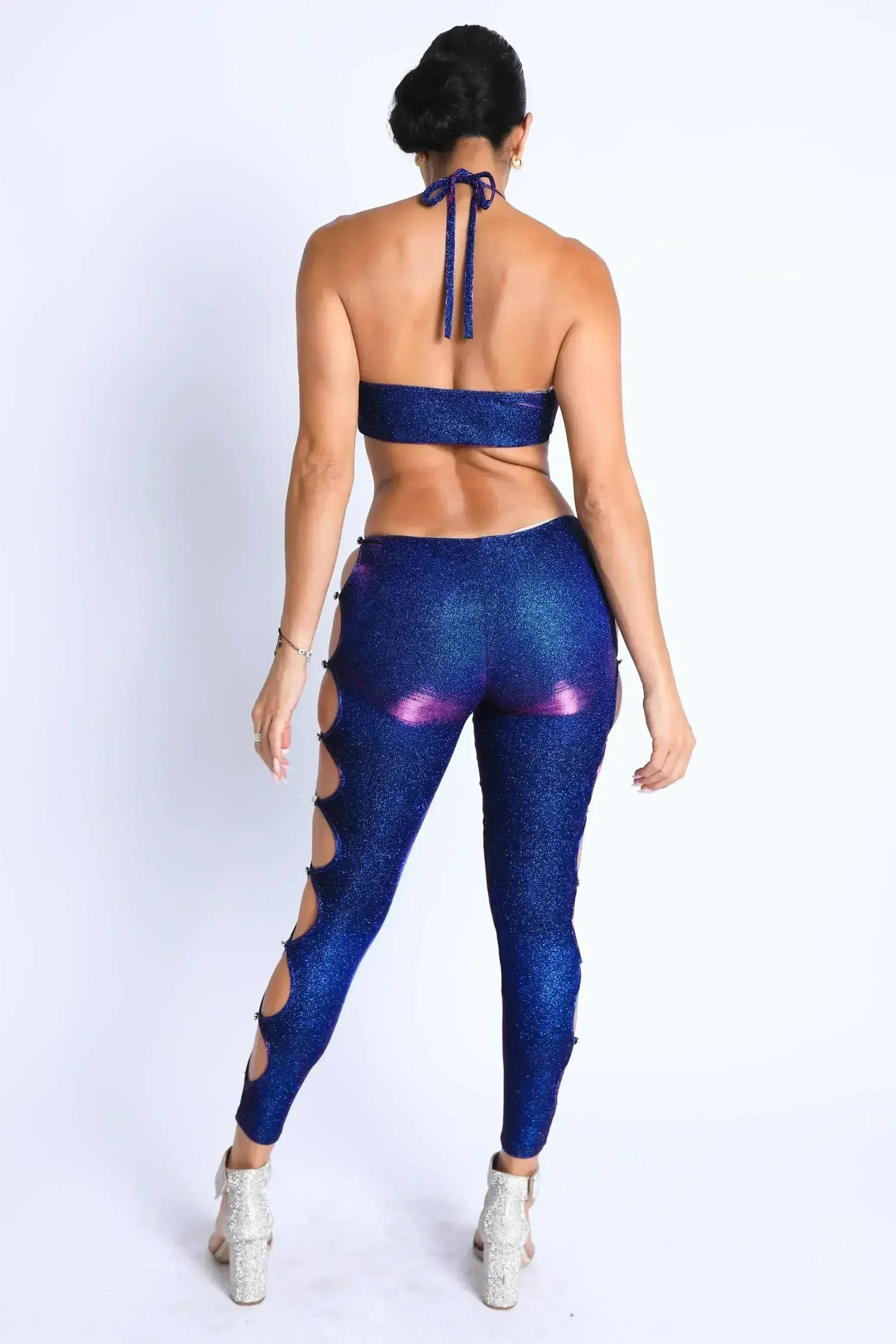 Glittery Cutout Halter Neck Keyhole Sexy Party Jumpsuit BLUE/FUCHSIA - Femstylo