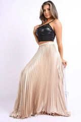 Elastic High Waist A-Line Pleated Satin Maxi Skirt Formal Prom TAUPE - Femstylo