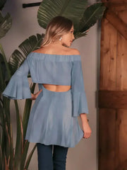 Off The Shoulders Hi-Lo Hem Top with Keyhole Open Back - Femstylo