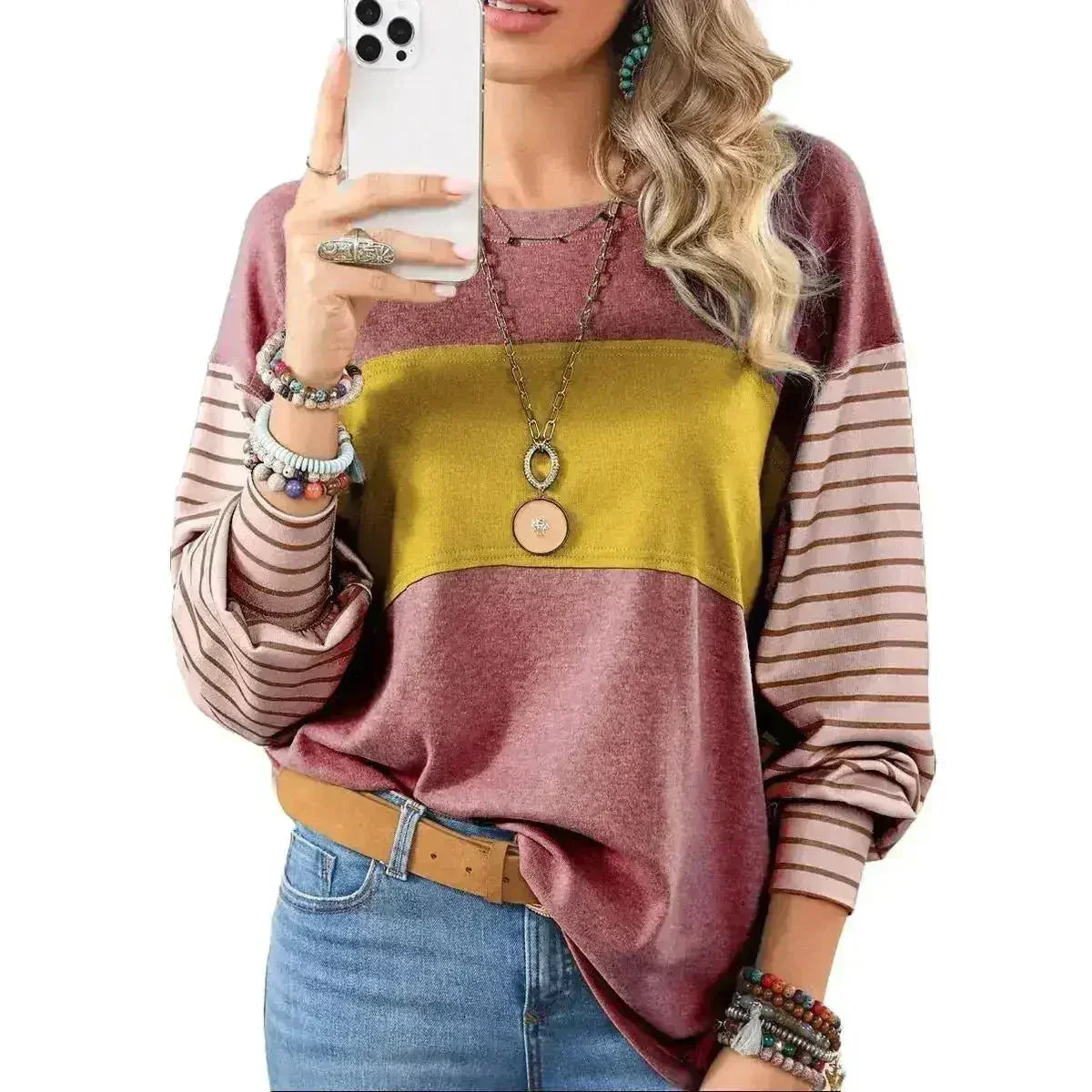 Womens Long Sleeve Pullover Tops Striped Basice T-shirt - Femstylo