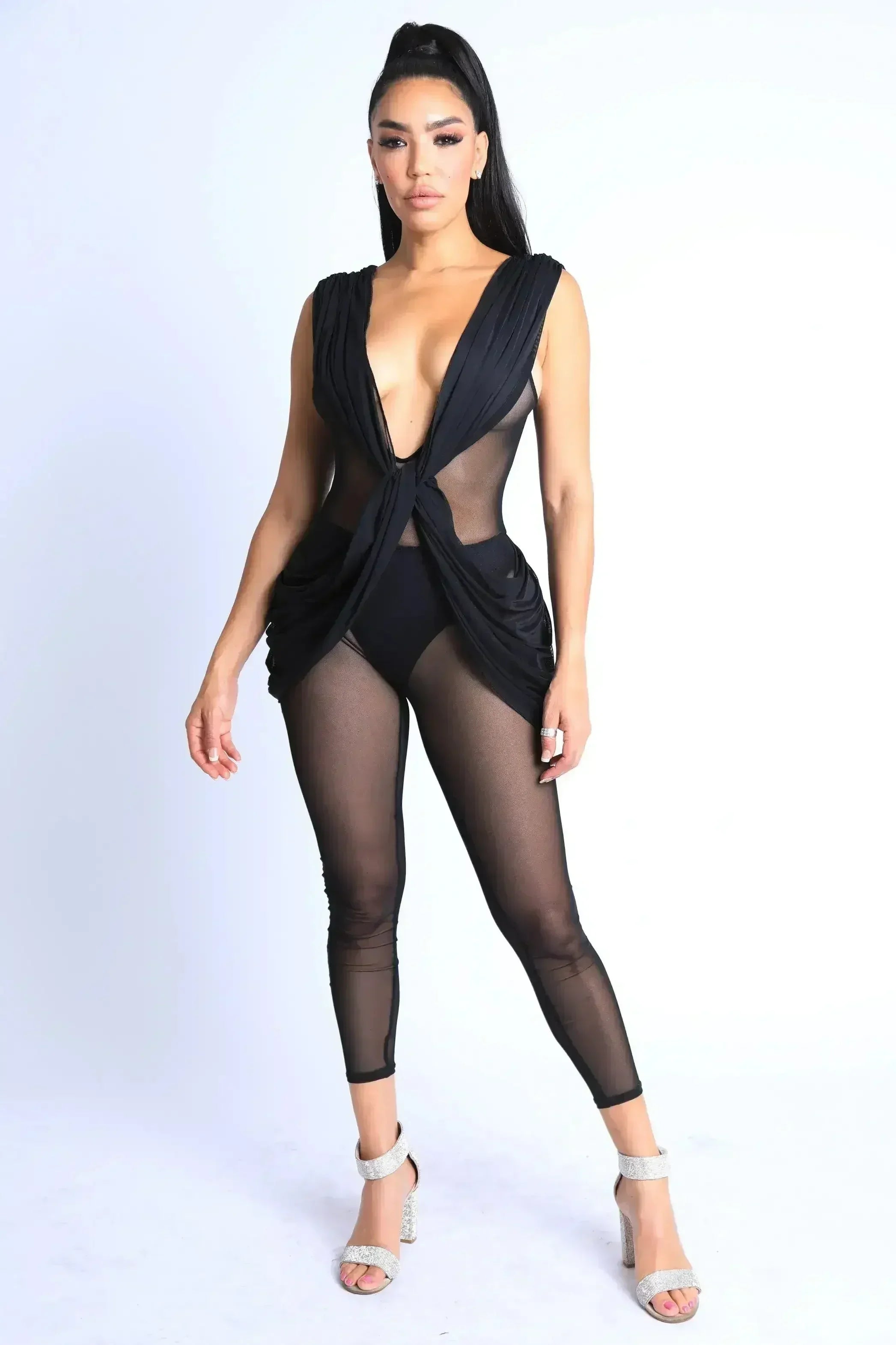 Sexy Sleeveless Lightweight Draped Mesh Jumpsuit Party Clubwear BLACK - Femstylo