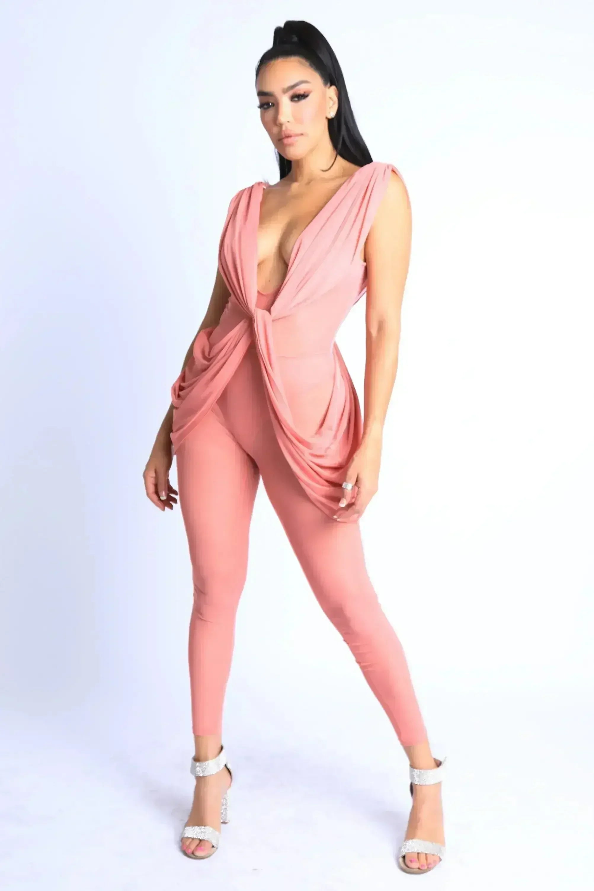 Sexy Sleeveless Lightweight Draped Mesh Jumpsuit Party Clubwear MAUVE - Femstylo
