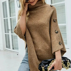 Turtleneck Poncho – Khaki Acrylic Winter Wrap | One Size - Femstylo