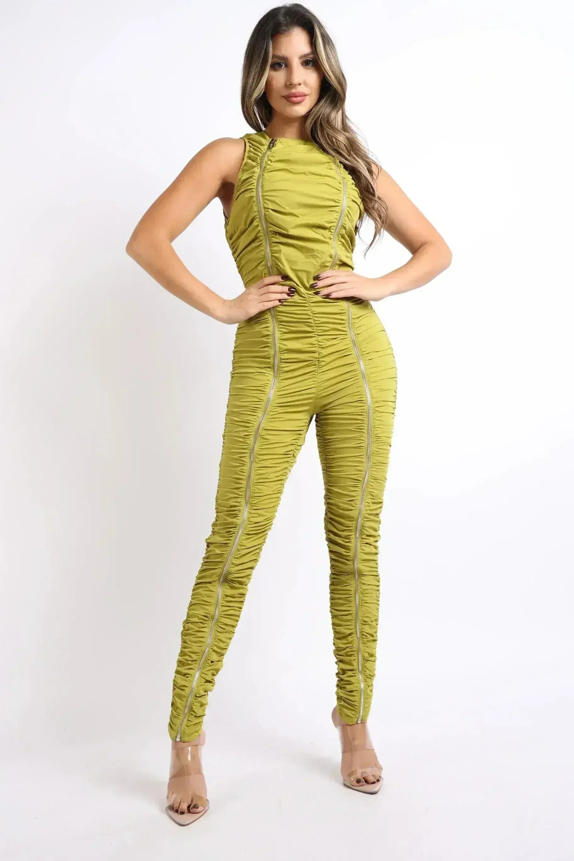 Track Zipper Ruched Jumpsuit Ruffle Dress Bodycon Jumpsuit CHARTREUSE - Femstylo
