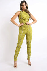 Track Zipper Ruched Jumpsuit Ruffle Dress Bodycon Jumpsuit CHARTREUSE - Femstylo
