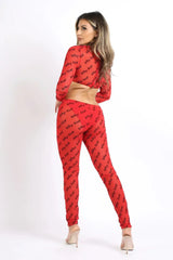 Lettering Printed Cutout Double O-Ring Mesh Sexy Jumpsuit RED - Femstylo