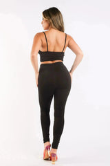 Mesh Contrast Sets Casual Sports Strappy Sleeve Top & Leggings BLACK - Femstylo