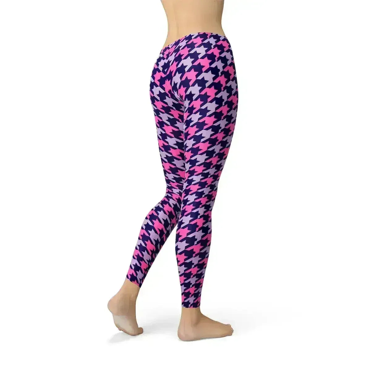 Womens Pink Purple Houndstooth Leggings - Femstylo