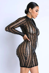 Sexy Club Outfit Romper Long Sleeve Cutting Mesh Bodysuit BLACK - Femstylo