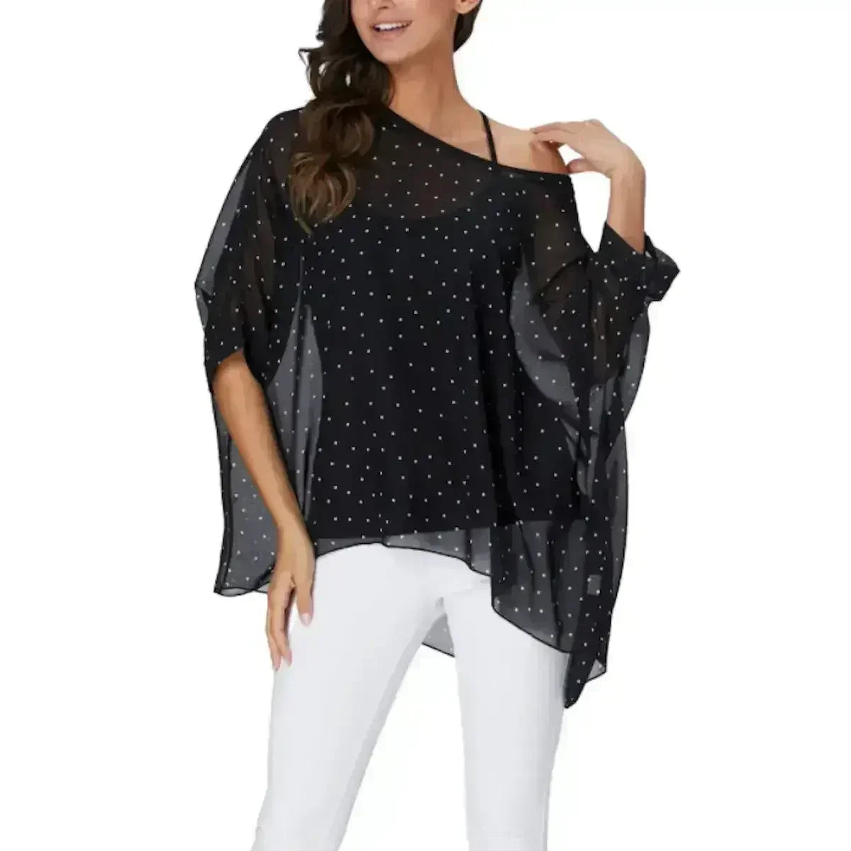 Black Polkadot Chiffon Tunic Top - Batwing Sleeves | Femstylo - Femstylo