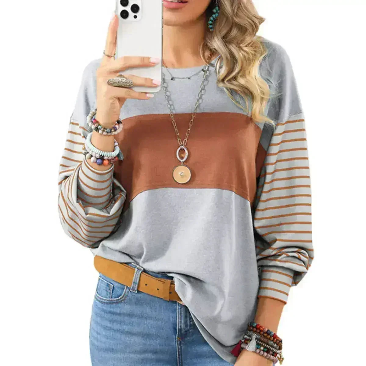 Womens Long Sleeve Pullover Tops Striped Basice T-shirt - Femstylo