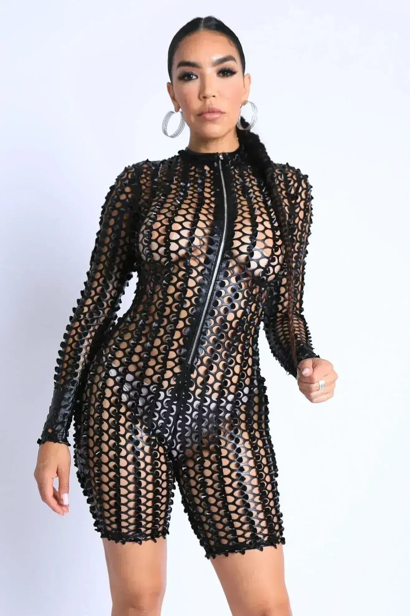 Sexy Club Outfit Romper Long Sleeve Cutting Mesh Bodysuit BLACK - Femstylo