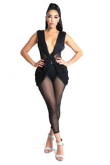 Sexy Sleeveless Lightweight Draped Mesh Jumpsuit Party Clubwear BLACK - Femstylo