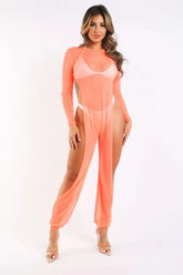 Sexy Mesh Cover Up Jumpsuit Summer Bodycon Beachwear NEON CORAL - Femstylo