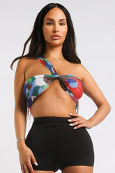 Multiway Retro Paisley Printed Crop Halter Wrap Top One Size RED - Femstylo