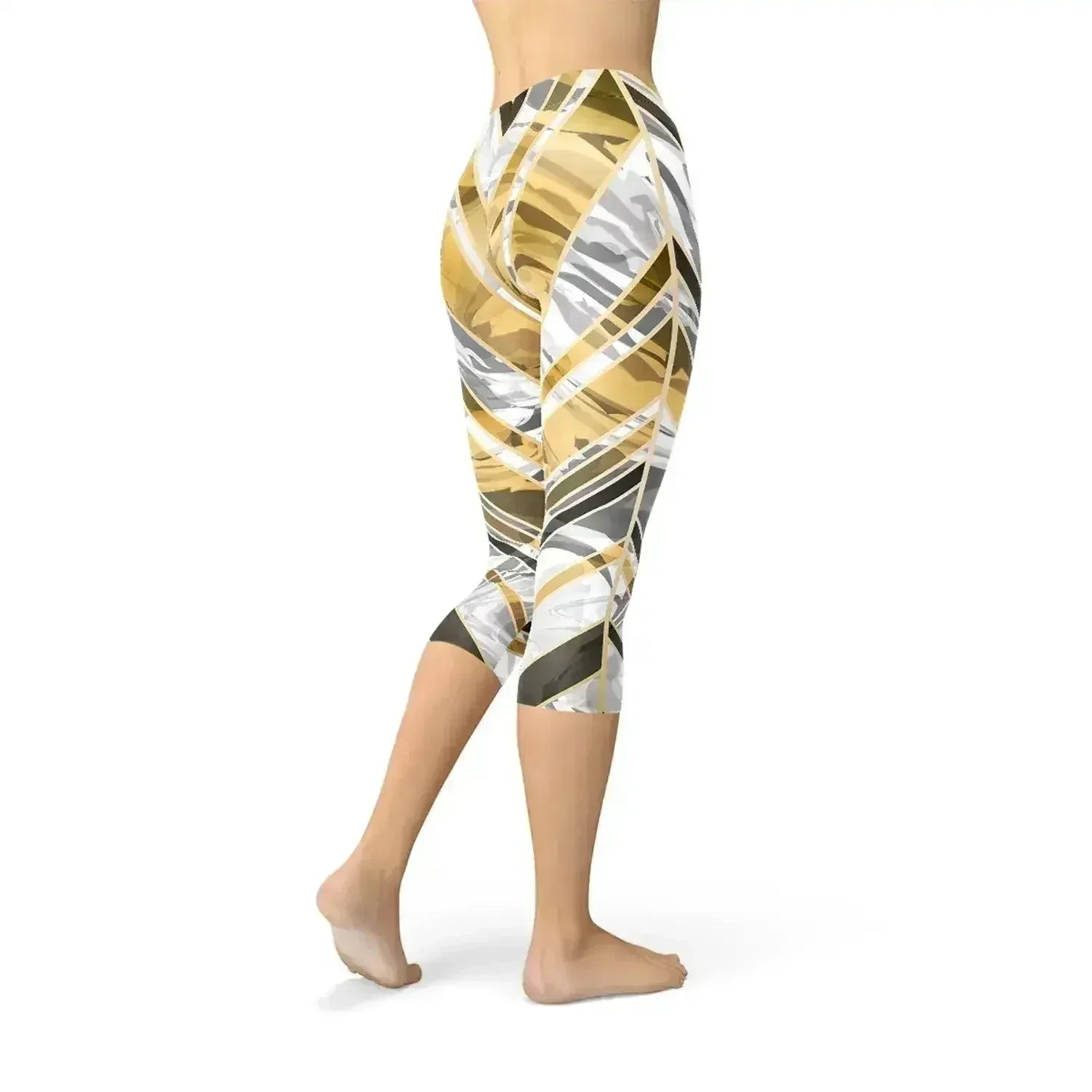 White Marble w/ Black Gold Lines Capri Leggings - Femstylo
