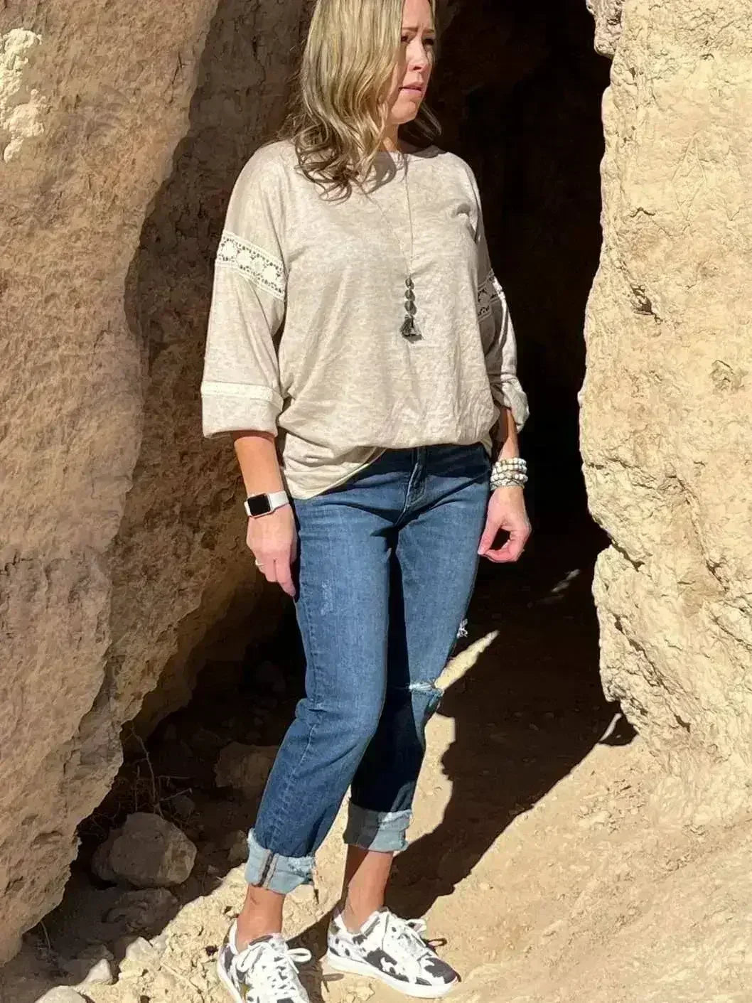 Oatmeal Lace Detail Sleeve Top - Femstylo