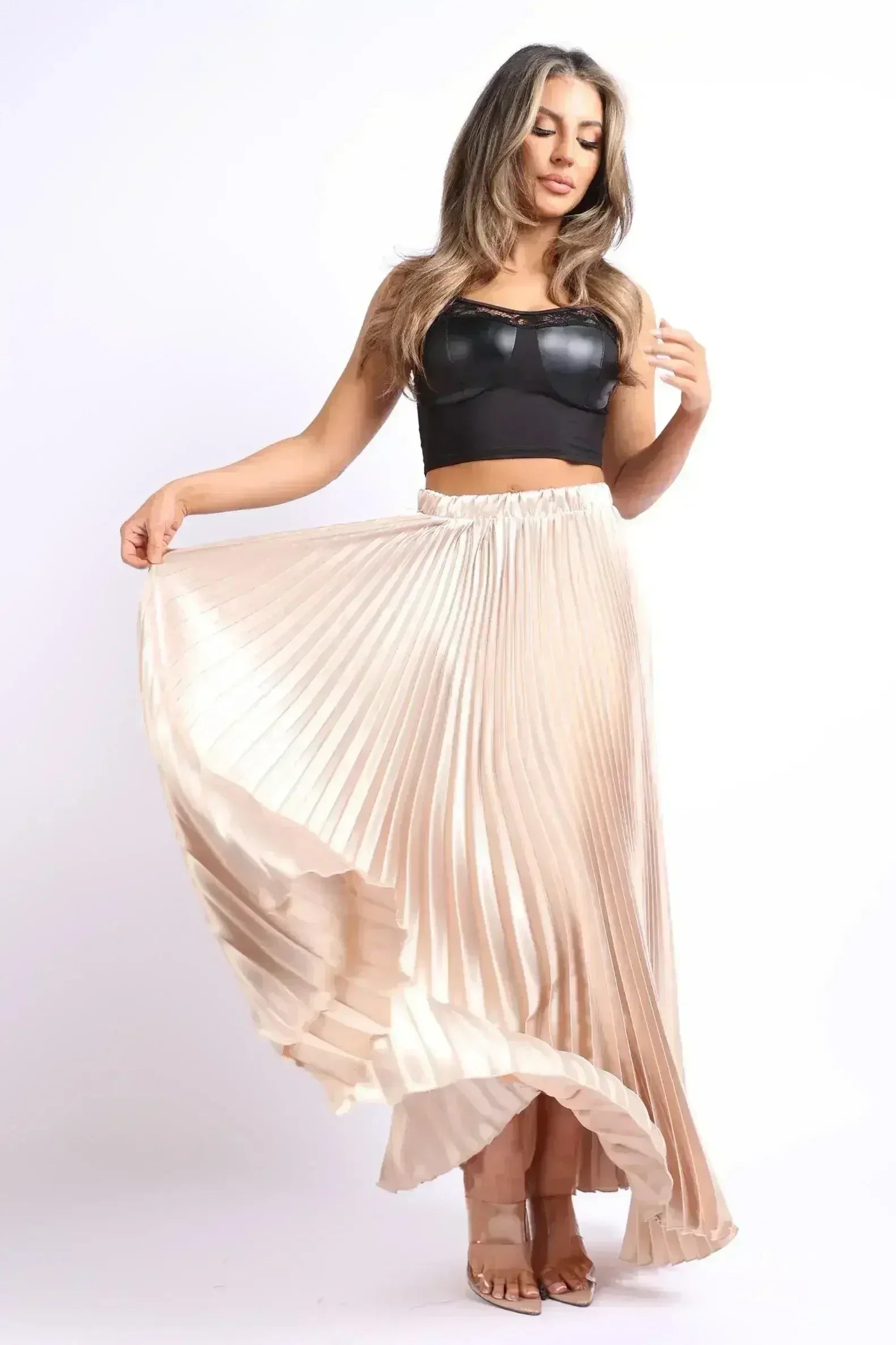 Elastic High Waist A-Line Pleated Satin Maxi Skirt Formal Prom TAUPE - Femstylo