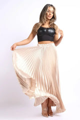 Elastic High Waist A-Line Pleated Satin Maxi Skirt Formal Prom TAUPE - Femstylo