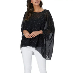 Black Polkadot Chiffon Tunic Top - Batwing Sleeves | Femstylo - Femstylo